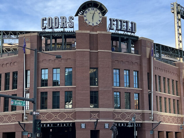 Home plate gate at Coors Field in Denver, as viewed from the intersection of 20th and Blake streets