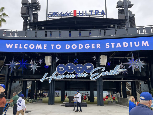 The center field entrance at Dodger Stadium in Los Angeles has a sign reading "Blue Heaven on Earth"