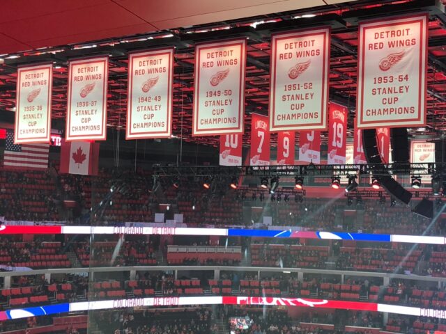 Detroit Red Wings championship banners hang from the rafters at Little Caesars Arena