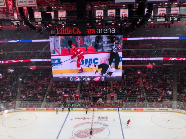 Scoreboard shows highlights before a Detroit Red Wings game at Little Caesars Arena
