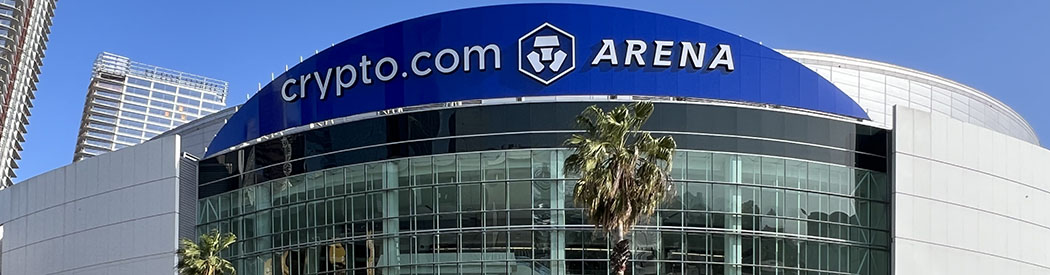 Exterior signage at Crypto.com Arena, home of the Los Angeles Lakers, Kings and Clippers