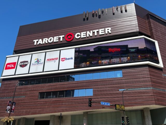 View of the exterior façade at Target Center in Minneapolis, as seen from the intersection of First Avenue and Seventh Street