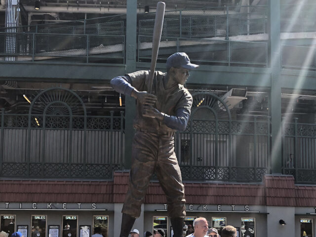 A statue of franchise great Ernie Banks is one of several outside Wrigley Field.