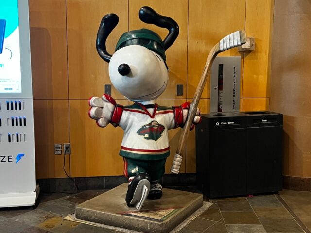 A statue of Snoopy from the "Peanuts" comic dressed in a Minnesota Wild jersey is on display at the Xcel Energy Center in St. Paul, Minnesota