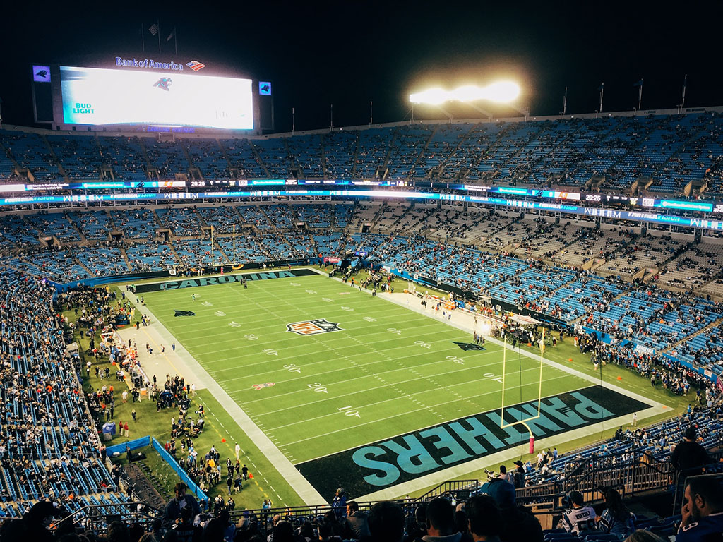 Aerial view of Bank of America Stadium, home of the Carolina Panthers  National Football League team, in downtown Charlotte, North Carolina