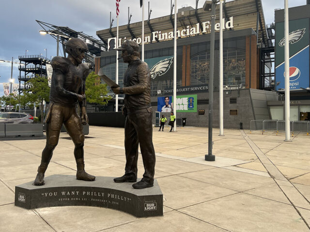 A Super Bowl LII statue stands in front of the North Gate at Lincoln Financial Field in Philadelphia
