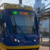 A Metro Transit light rail train pulls up to Stadium station in Minneapolis.