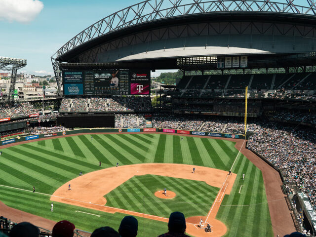 View of the field from the third-base side of the stands at T-Mobile Park in Seattle