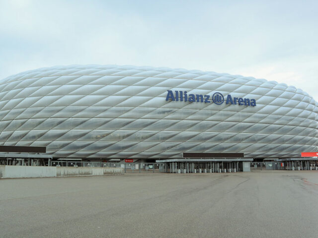 Allianz Arena in Munich has a white exterior when not lit up for an event