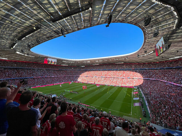 View of the seating bowl at Allianz Arena before a Bayern Munich match