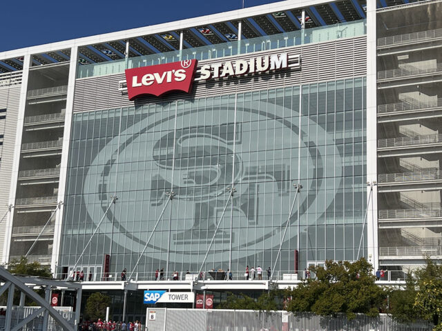 Signage along the west side of Levi's Stadium in Santa Clara, California. Read our guide for info on events, seating, parking, hotels and more