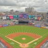 View of the field at Yankee Stadium in New York City from behind home plate