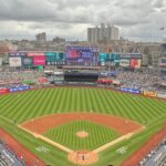 View of the field at Yankee Stadium in New York City from behind home plate