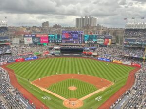 View of the field at Yankee Stadium in New York City from behind home plate