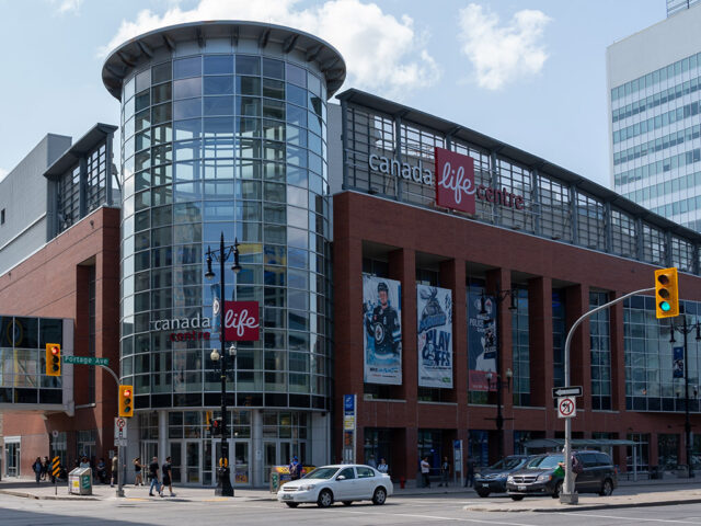 Exterior of Canada Life Centre in Winnipeg, Manitoba, as viewed from across Portage Avenue