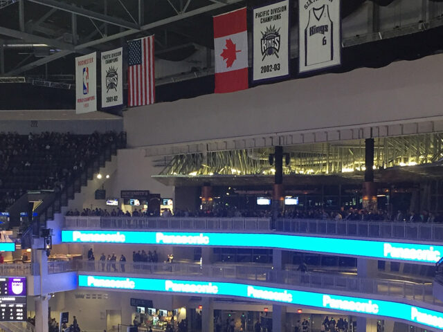Sacramento Kings banners hang from the rafters at the Golden 1 Center