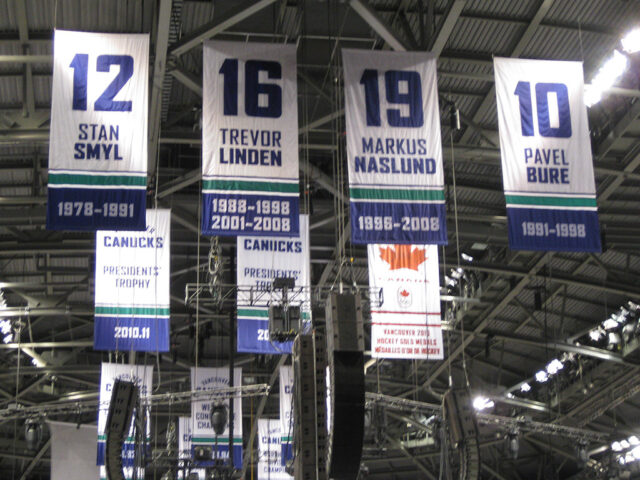 Vancouver Canucks banners hang from the rafters at Rogers Arena