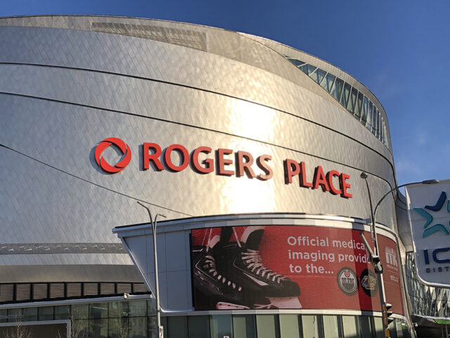 Exterior signage at Rogers Place in Edmonton, Alberta