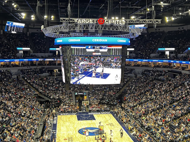 View of the court at Target Center in Minneapolis during a Minnesota Timberwolves game