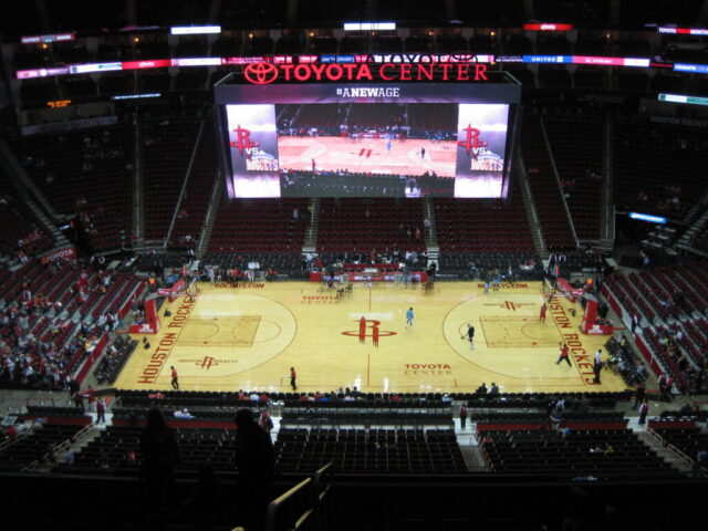 View of the court at Toyota Center in Houston, with the overhead videoboard visible