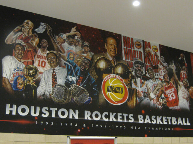 A mural on the wall at Toyota Center commemorates the Houston Rockets' two NBA championships