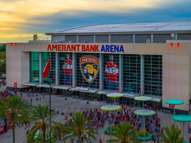 Exterior view of the main entrance to Amerant Bank Arena in Sunrise, Florida