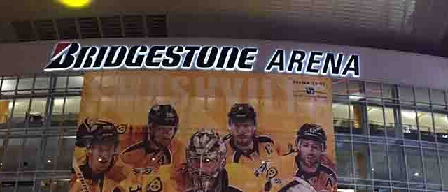 Panoramic view of the exterior façade of Bridgestone Arena in Nashville