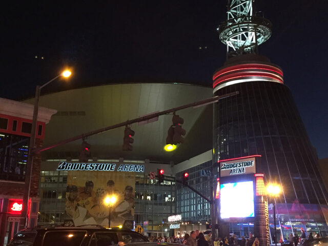 Exterior of Bridgestone Arena in Nashville, as viewed from across Broadway