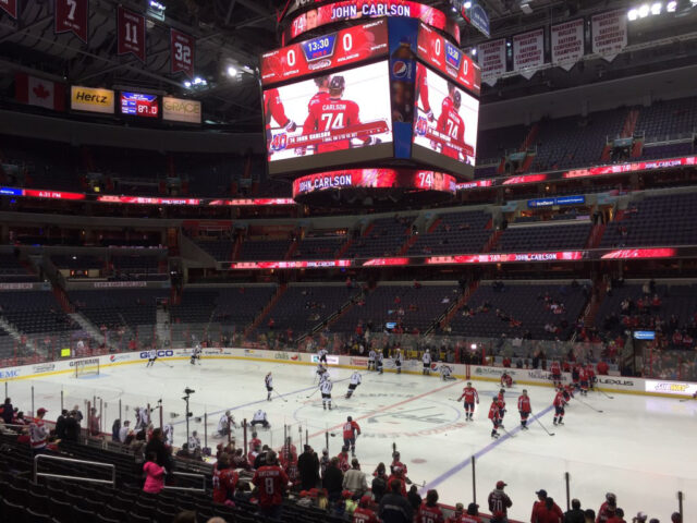Players warm up on the ice before a Washington Capitals game at Capital One Arena