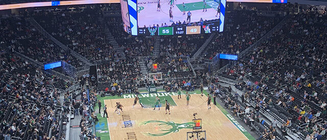 View of the court at Fiserv Forum during a Milwaukee Bucks game