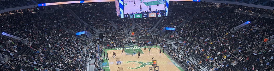 View of the court at Fiserv Forum during a Milwaukee Bucks game