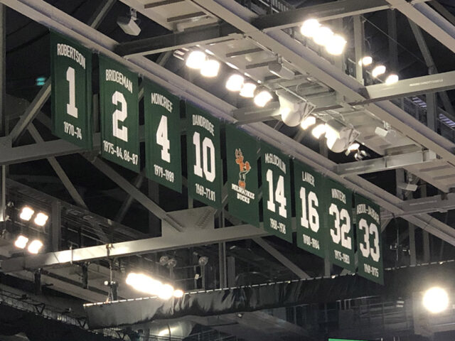 Milwaukee Bucks retired numbers hang from the rafters at Fiserv Forum