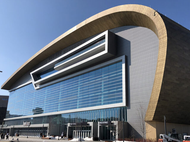 View of the east side of Fiserv Forum in Milwaukee