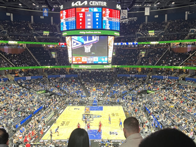 View of the basketball court at Kia Center in Orlando, as viewed from the Bud Light Baseline Bar