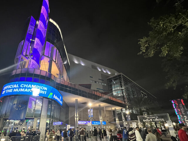 A spire tops the northeast corner of Kia Center, home of the Orlando Magic