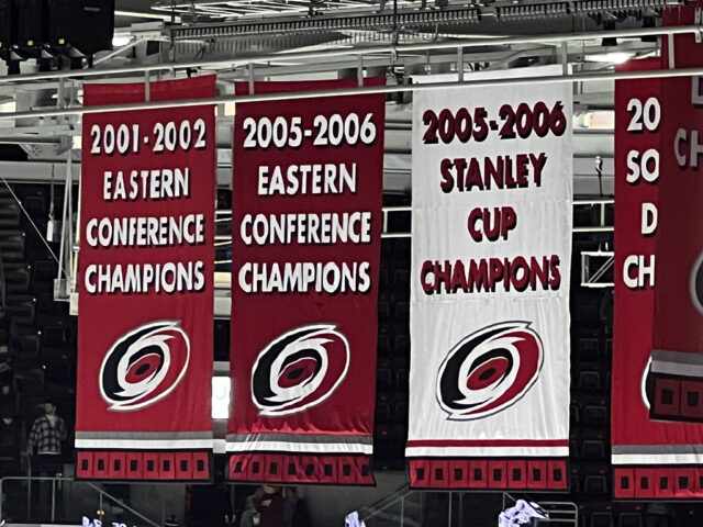 Carolina Hurricanes banners hang from the rafters at Lenovo Center in Raleigh, North Carolina