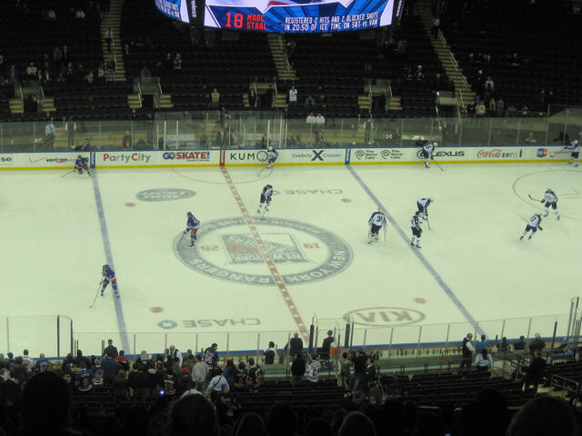 Players warm up on the ice before a New York Rangers game at Madison Square Garden