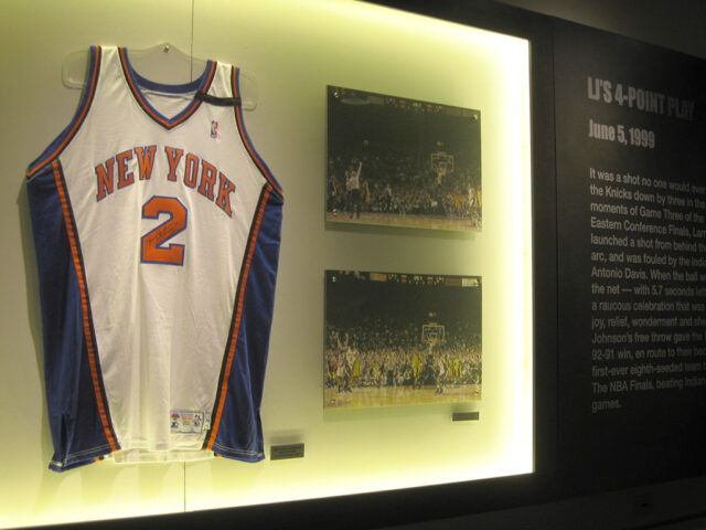 A New York Knicks jersey is on display on the concourse at Madison Square Garden