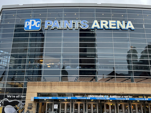 Exterior signage in front of the northwest gate at PPG Paints Arena in Pittsburgh