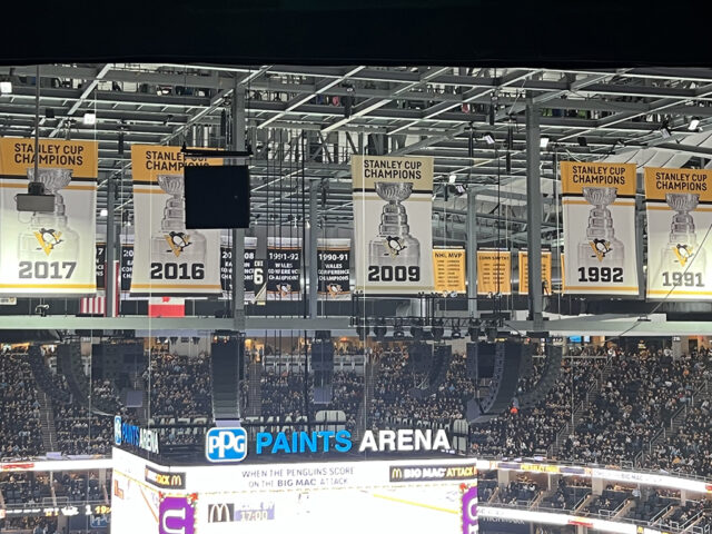 The Pittsburgh Penguins' five Stanley Cup championship banners hang in the rafters at PPG Paints Arena