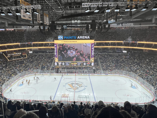View of the rink at PPG Paints Arena during a Pittsburgh Penguins game