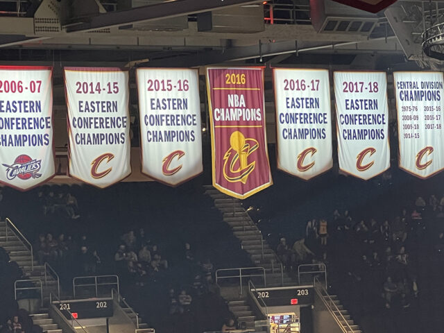 The Cleveland Cavaliers' championship banners hang from the rafters at Rocket Arena