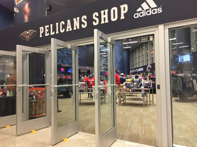 The entrance to the Pelicans team store at Smoothie King Center in New Orleans