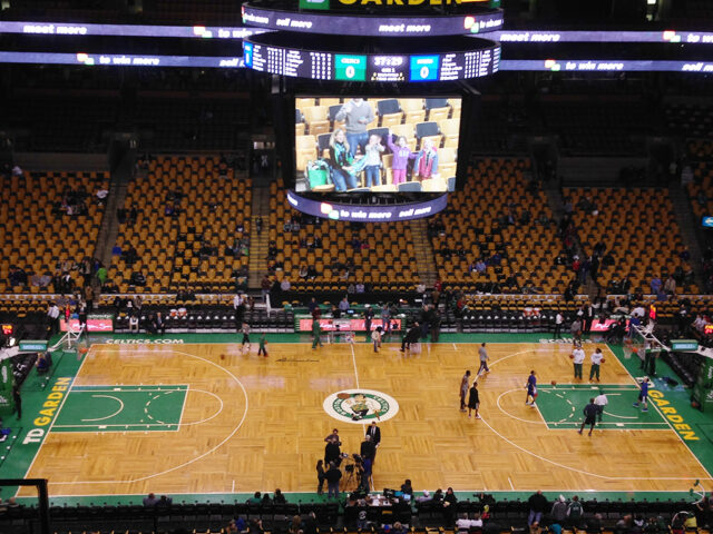 View of the court at TD Garden before a Boston Celtics game