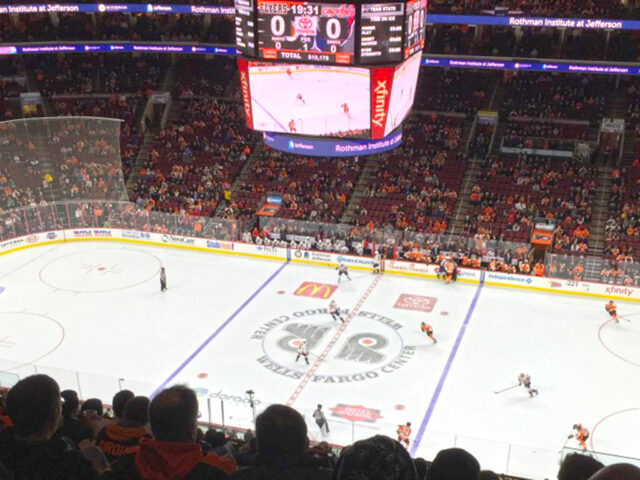 Fans watch the Philadelphia Flyers in action at Wells Fargo Center