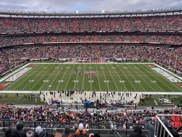 View of the field at Cleveland Browns Stadium from the upper seating level