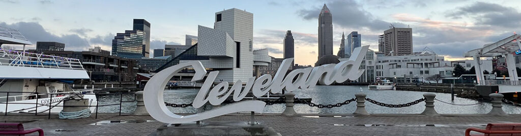 The Cleveland script sign on display at North Coast Harbor, near the Erie lakefront