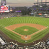 View of the field from behind home plate at Coors Field in Denver during a Colorado Rockies game