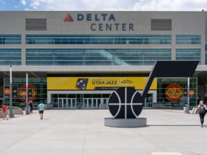 Exterior signage at the Delta Center in Salt Lake City