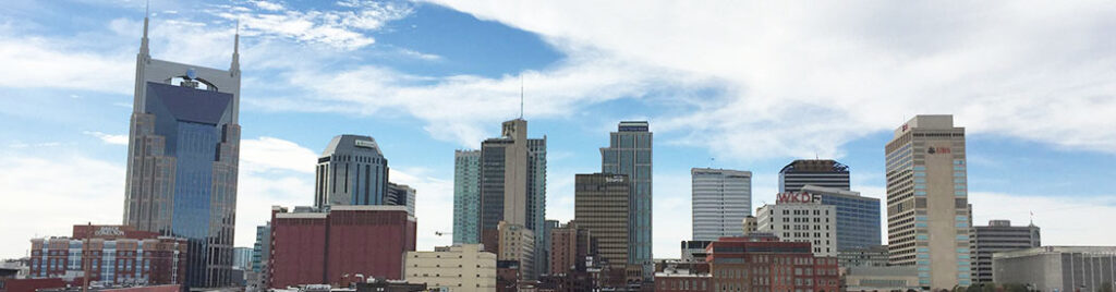 Panoramic view of the downtown Nashville skyline, as viewed from across the Cumberland River